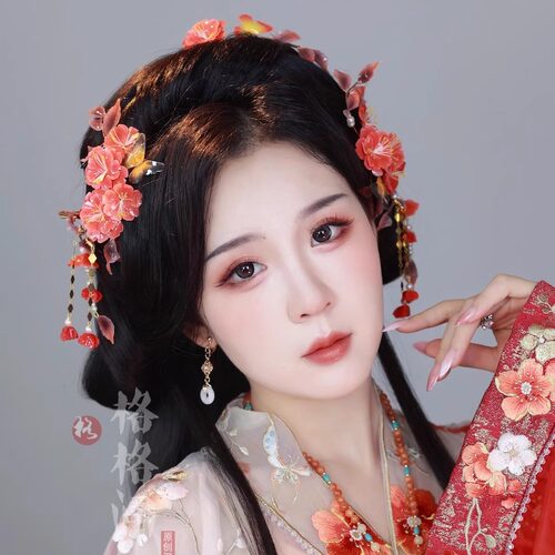 格格间原创【梧攸】秋天枫叶热缩花发饰珍珠蝴蝶发夹古风汉服配饰