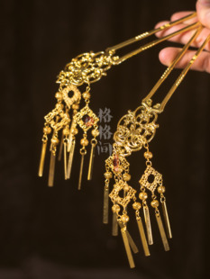 格格间原创【金灿灿】高级感华丽复古长款发簪掩鬓汉服珍珠流苏