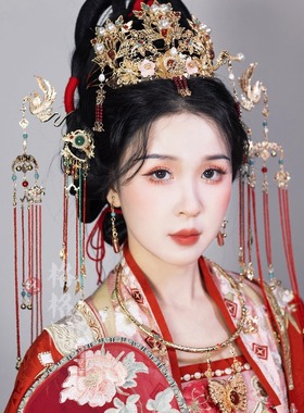 格格间原创【百鸟朝凤】保色铜玛瑙明制汉服凤冠霞帔新娘发冠套装