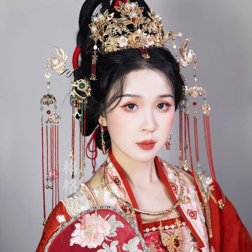 格格间原创【百鸟朝凤】保色铜玛瑙明制汉服凤冠霞帔新娘发冠套装