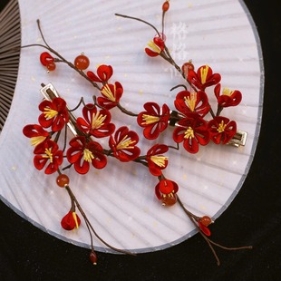 格格间原创 红色秋冬梅花非遗缠花发夹发饰百搭汉服 寄春君