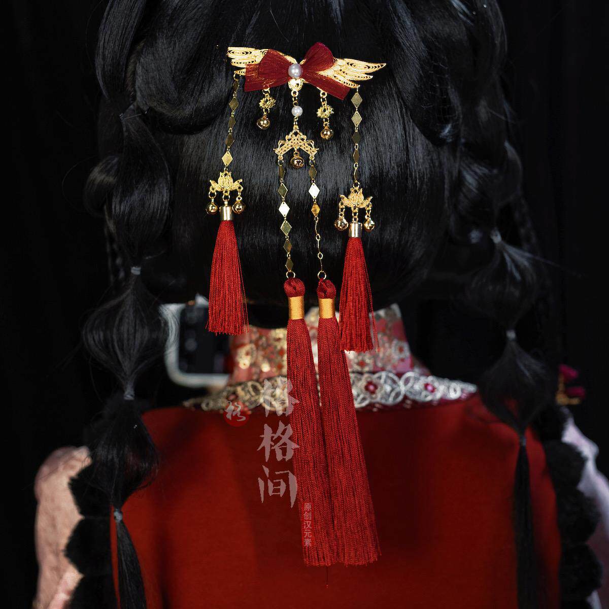 格格间原创【花团】红色蝴蝶结流苏发夹后压新年儿童可爱汉服发饰