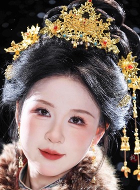 格格间原创【贵女】金色华丽明制汉服凤冠霞帔新娘发冠套装秋冬