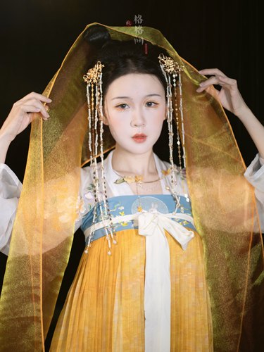 格格间纱质金黄色幻色披帛