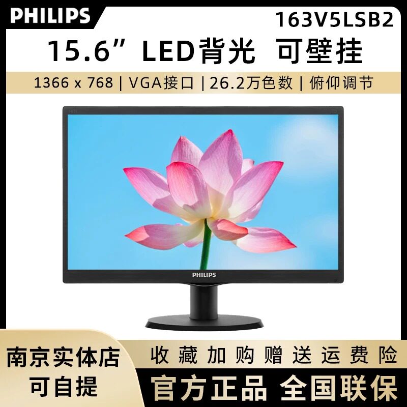 飞利浦 163V5LSB2 15.6英寸低蓝光办公商用监控壁挂电脑显示屏幕