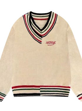 69CC  英伦学院风V领短款套头毛衣新款小个子显瘦撞色针织衫