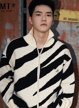 NOMT原创斑马纹毛衣秋冬男女潮款慵懒风双拉链立领针织衫外套情侣