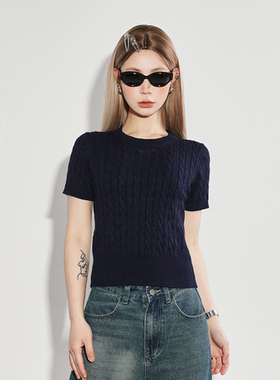 nomt夏季新款纯色麻花针织毛衣上衣短袖 短款修身百搭T恤