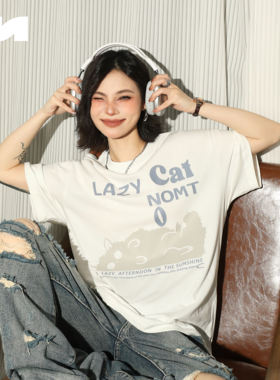 NOMT 平躺猫猫潮牌休闲印花情侣装夏季宽松高级感上衣圆领短袖T恤