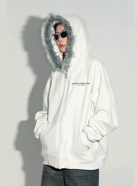 nomt 重磅毛领座山雕字母印花宽松拉链开衫卫衣