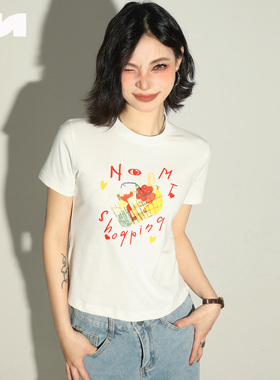 NOMT 购物车车印花百搭休闲简约短款上衣正肩修身短袖夏季T恤夏季