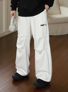 NOMT美式复古简约纯色宽松直筒褶位裤男垂感拖地高街伞兵休闲卫裤