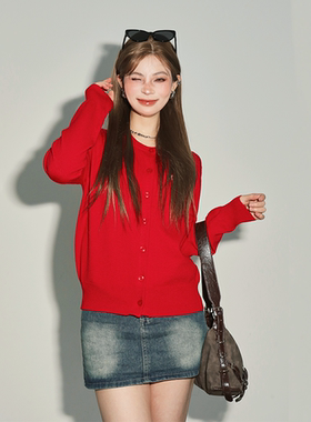 nomt 2025红色早春季针织刺绣合身纽扣新款开衫外套短款显白毛衣