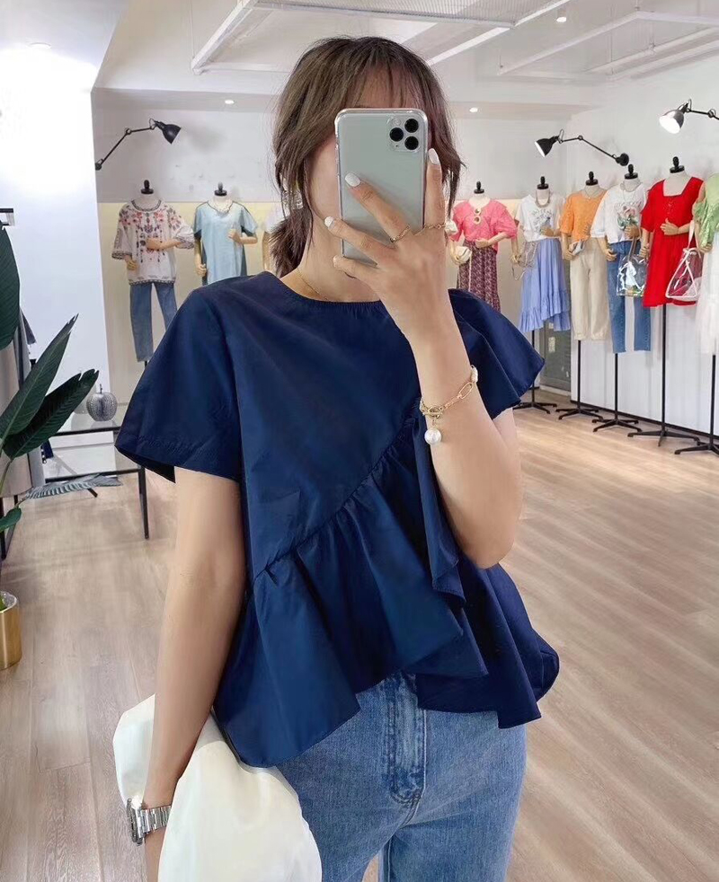 夏装新款时尚不规则荷叶边上衣宽松休闲洋气小衬衫短袖T恤女t