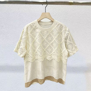 日系不规则撞色假两件拼接蕾丝花短袖T恤宽松遮肚显瘦个性上衣女