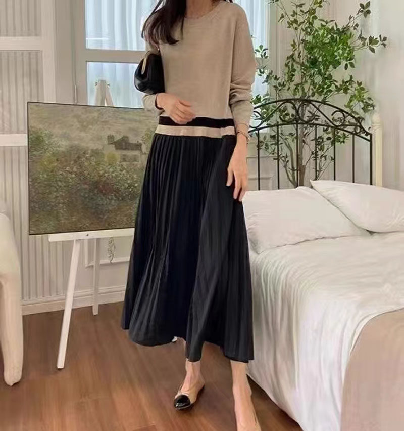 韩版女圆领不规则荷叶边拼接撞色百褶裙摆长款连衣裙假两件套装裙