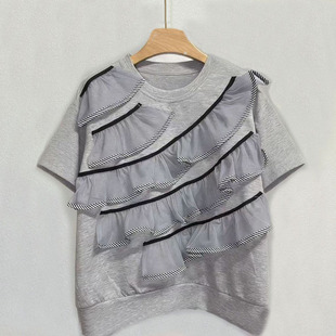 洋气不规则层层网纱荷叶边拼接短袖T恤今年流行的新款衬衫女上衣