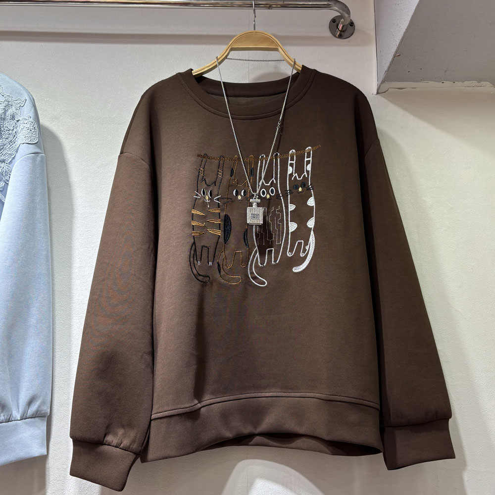 韩系刺绣猫咪图案慵懒风套头卫衣女秋季小个子宽松百搭长袖上衣