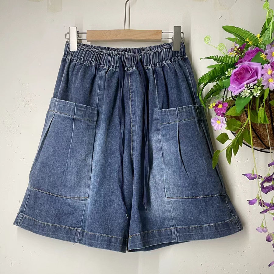 松紧腰复古大口袋牛仔短裤女夏季薄款2024新款韩版宽松显瘦阔脚裤