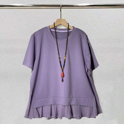 夏季新款时尚荷叶边拼接不规则假两件女大码上衣遮肚显瘦短袖Tt恤