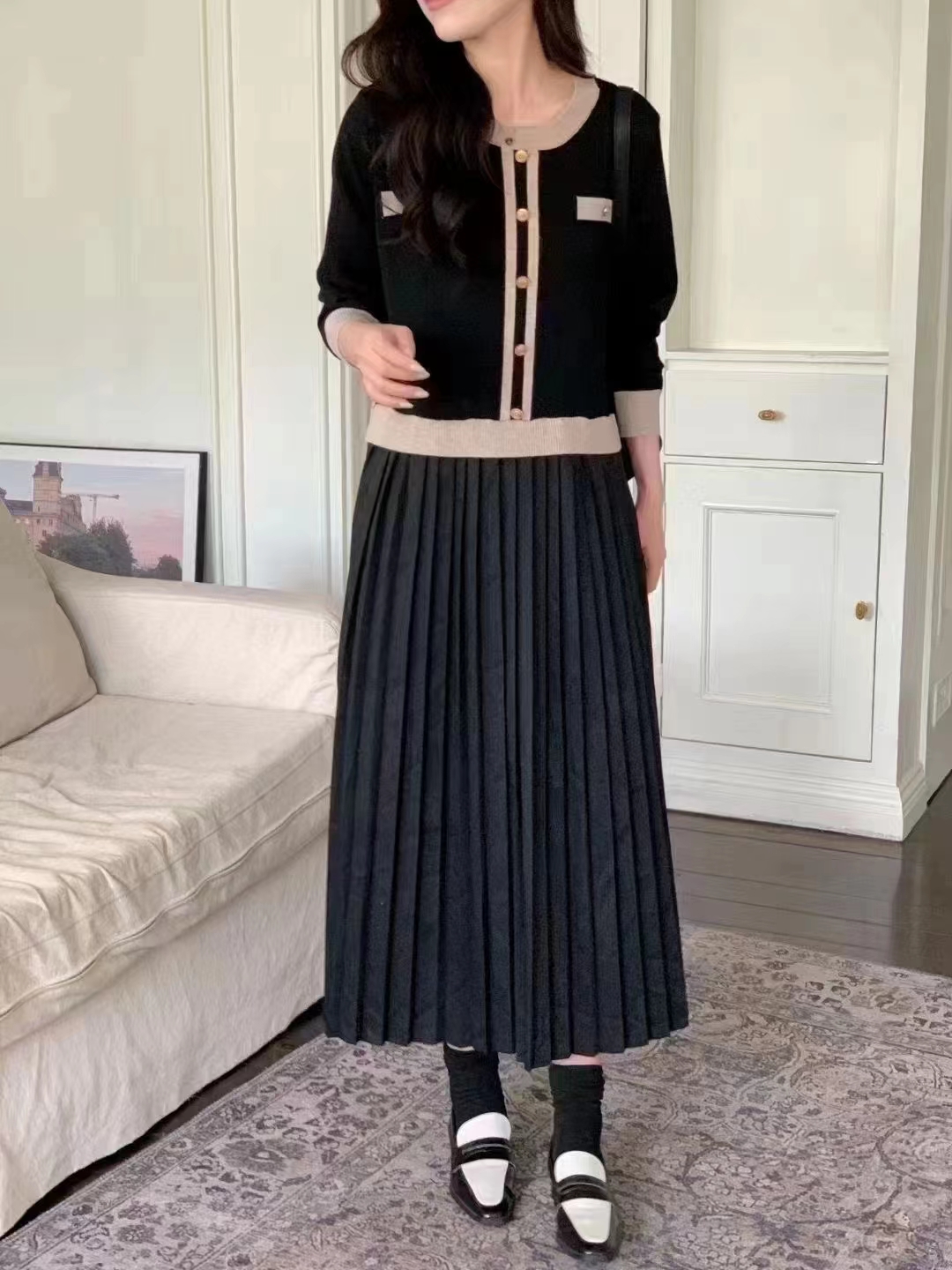 秋冬针织长款连衣裙港风复古百褶时尚裙子假两件套装长袖连身裙女