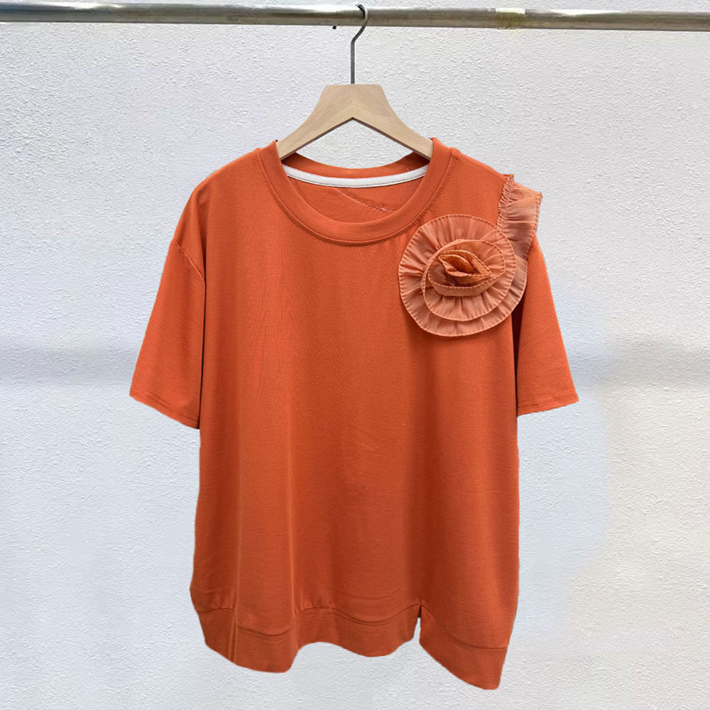 夏季新款时尚立体花朵不规则木耳边设计感短袖T恤宽松显瘦上衣女t