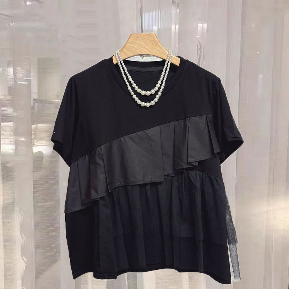 新款荷叶边不规则仙女短袖雪纺衫