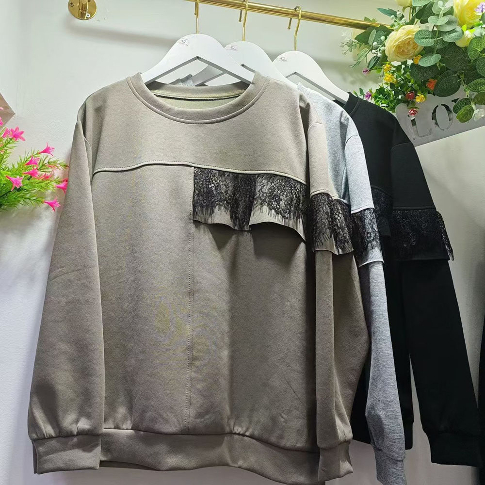 时尚不规则蕾丝荷叶边拼接套头圆领卫衣宽松休闲港风女装长袖上衣