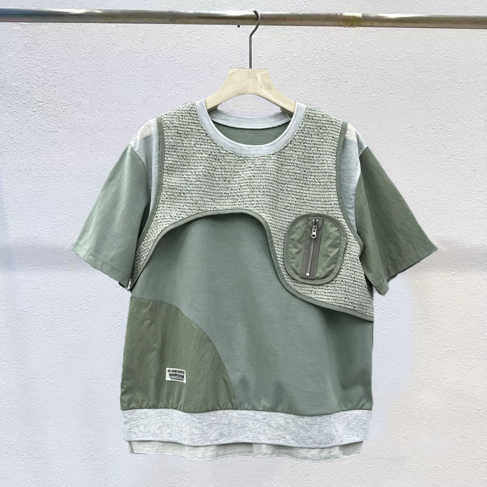 日系高品质时尚个性不规则撞色拼接设计短袖t恤女装衬衫宽松上衣