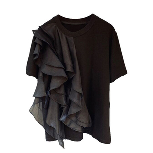 时尚雪纺大荷叶边叠层拼接撞色套头短袖T恤2023春季新款显瘦上衣