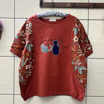 日系时尚减龄印花娃娃衫牛仔布女装衬衫短袖T恤宽松大码显瘦上衣