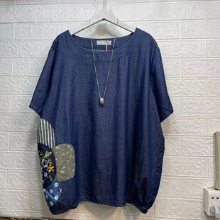 大码女装印花卡通猫咪刺绣格子衬衫宽松圆领上衣不规则棉短袖t恤