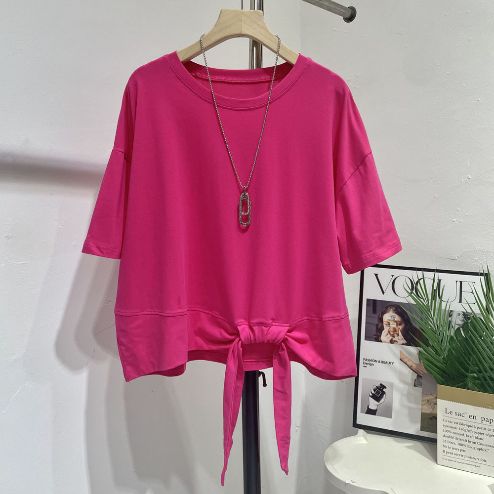 韩版扭皱蝴蝶结设计感圆领短袖Tt恤女装宽松简约遮肉套头小衫上衣