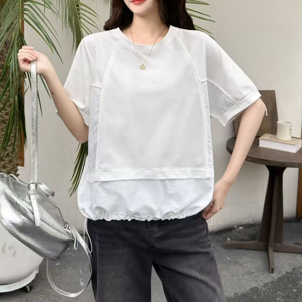 夏季新款不规则设计感宽松休闲大码女装上衣抽绳纯色港风短袖T恤