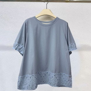 钩花镂空不规则荷叶边下摆女装短袖Tt恤宽松休闲圆领遮肚大码上衣