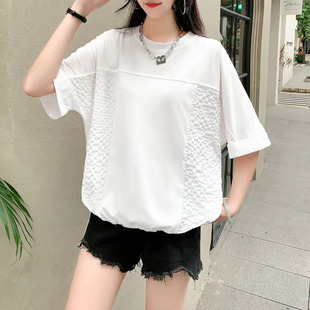 港风不规则荷叶边拼接宽松休闲大码遮肚显瘦抽绳上衣短袖Tt恤衬衫