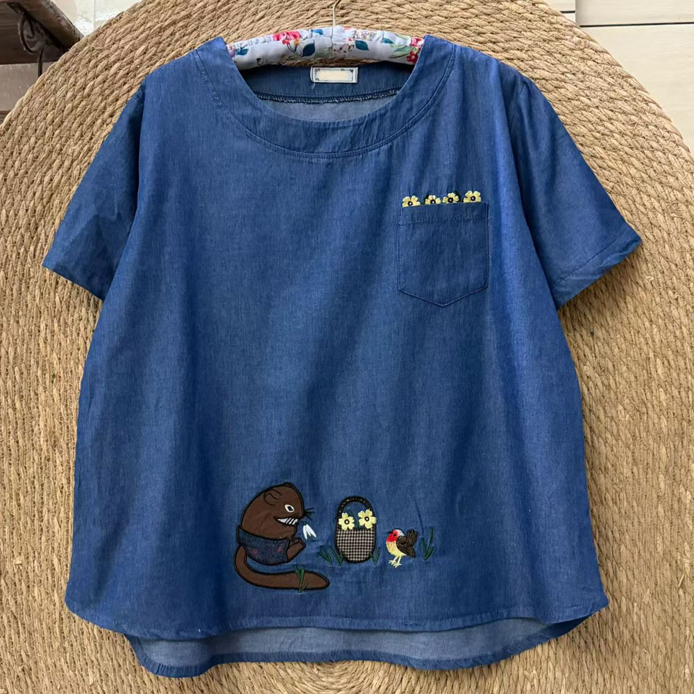 卡通风猫咪刺绣牛仔拼接短袖T恤宽松显瘦减龄大码女装遮肚上衣