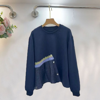 日系新款时尚拼接蕾丝花边圆领卫衣女宽松休闲百搭长袖上衣短外套