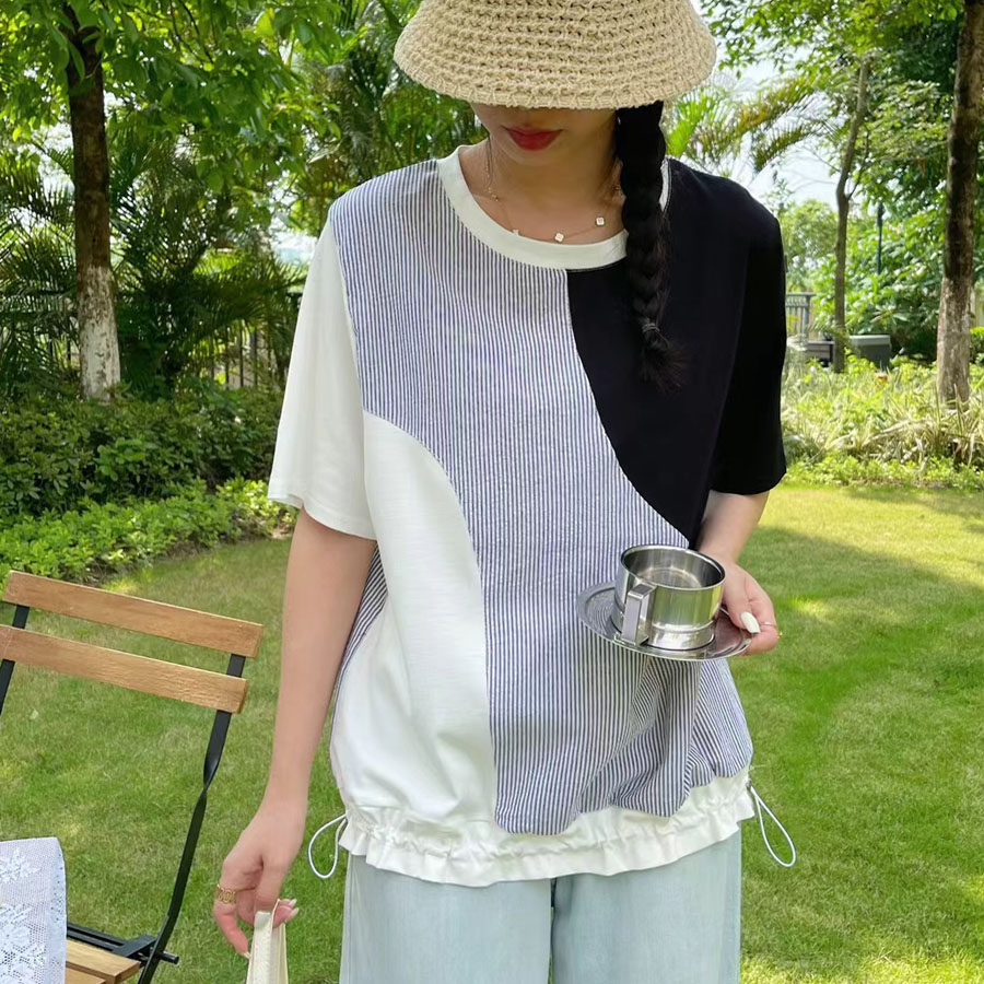 不规则条纹拼接抽绳显瘦衬衫