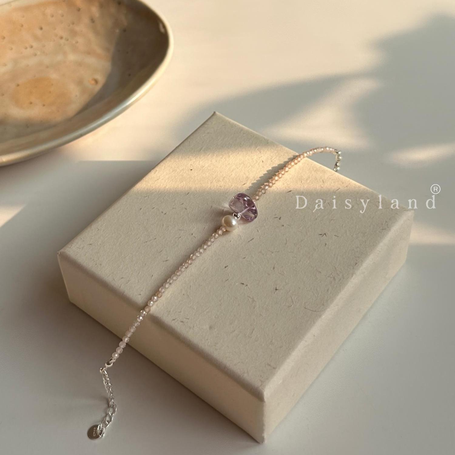 【薄暮】Daisyland原创天然淡水珍珠紫水晶香槟锆石细款手链纯银