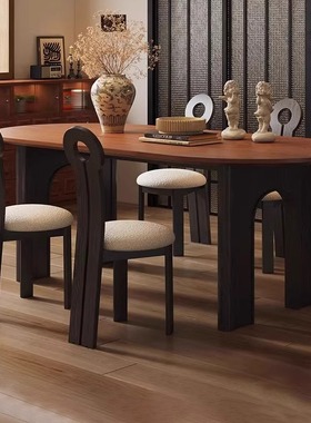 中古风实木餐桌长方形家用小户型黑色法式复古白蜡木餐桌椅组合