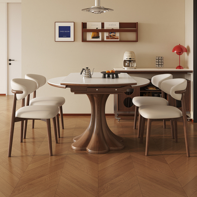 中古风岩板伸缩餐桌椅组合家用小户型可折叠方圆两用复古圆形餐桌