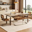 包豪斯实木岩板餐桌2025新款 复古家用小户型中古风餐桌椅 洞石法式