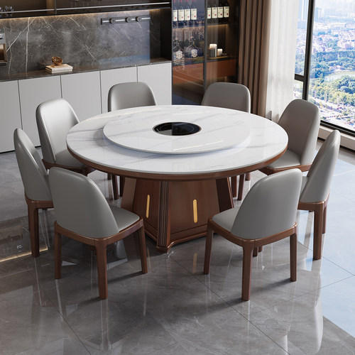 实木岩板圆桌现代简约家用吃饭桌酒店转盘圆形轻奢餐桌十人大圆桌