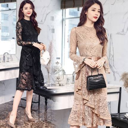 蕾丝连衣裙女2025新款春秋修身显瘦秋冬季打底裙中长款气质鱼尾裙