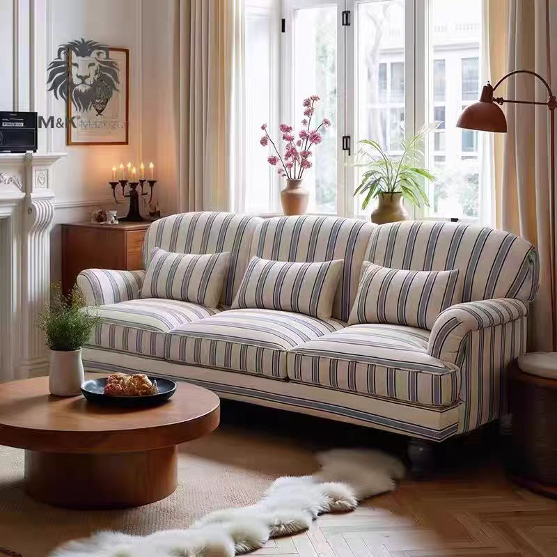 美式复古条纹三人位接待沙发