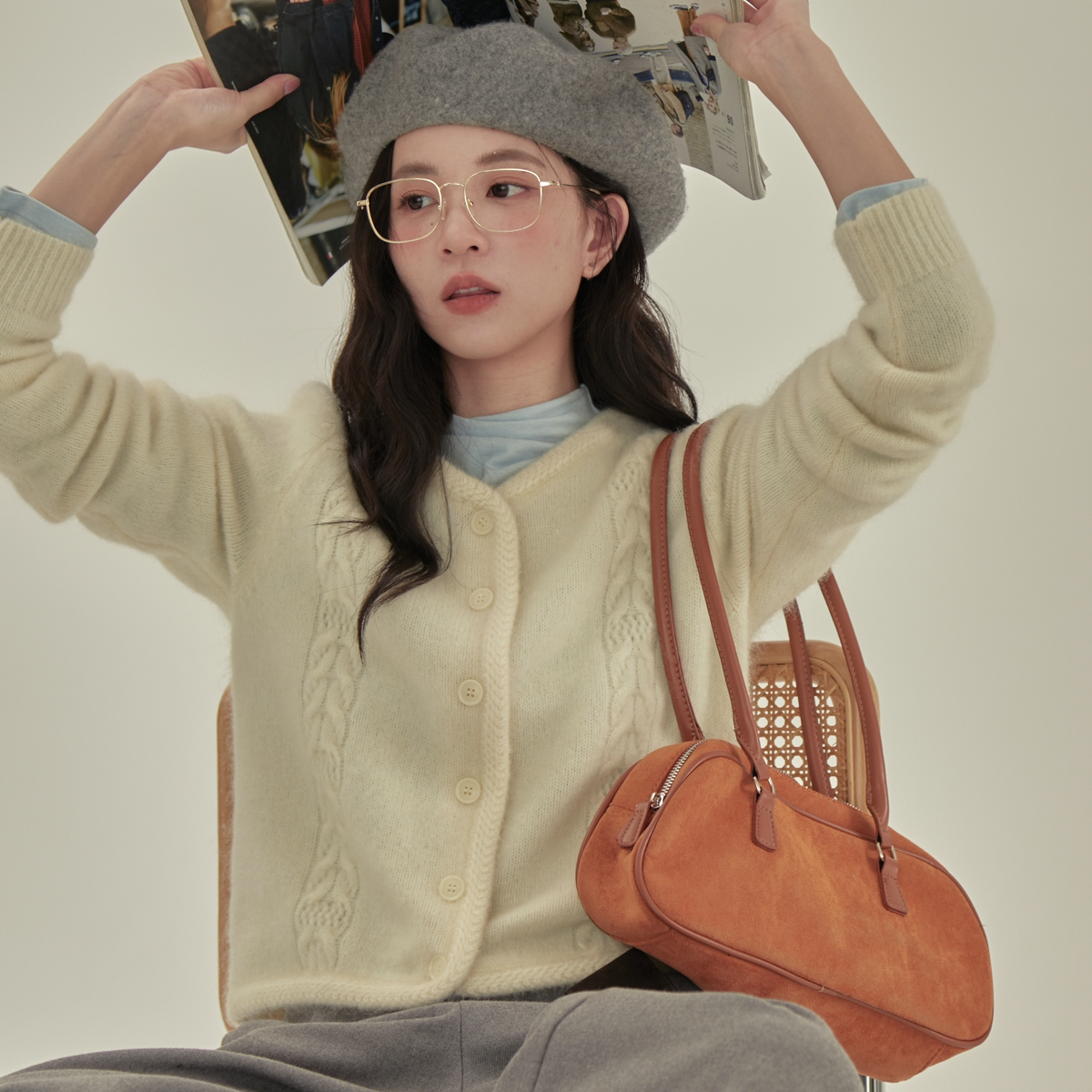 OMELET蛋卷-纹理泡泡袖开衫保暖毛衣(含33马海毛)(33羊毛)LM914