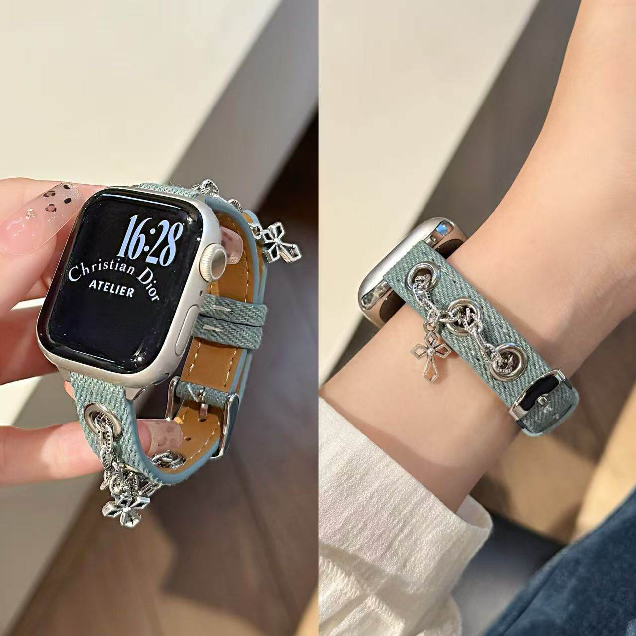 朋克风金属链条牛仔表带适用苹果手表iWatchS11腕带时尚89pro个性