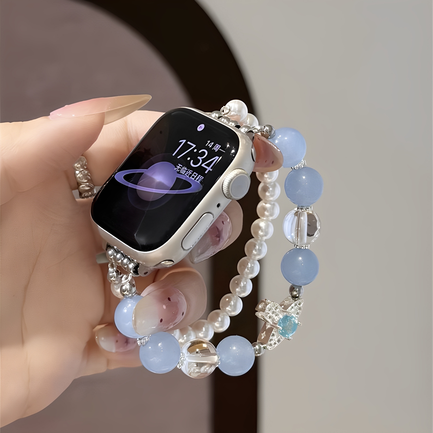 小香风珍珠表链女款适用iWatchS10987表带小米华为双圈水晶手链