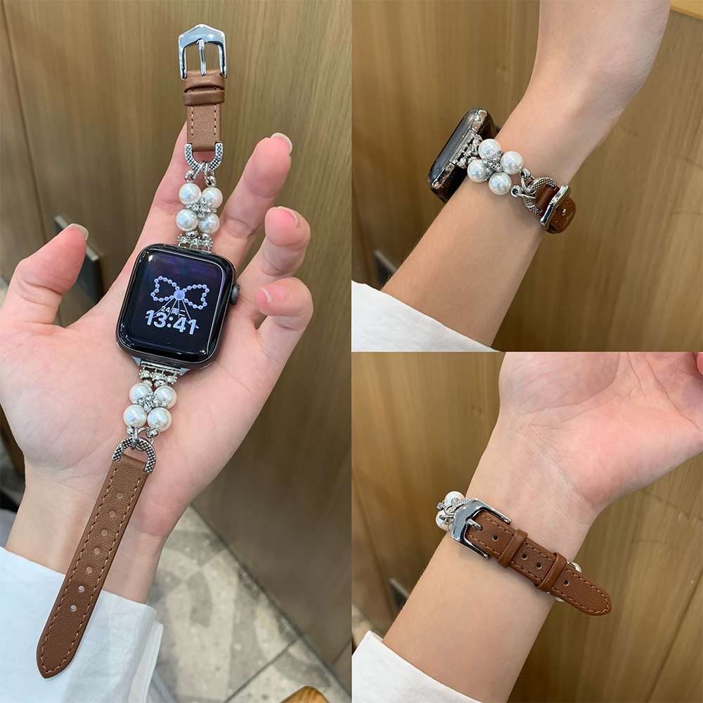 适用苹果iwatchS10轻奢镶钻珍珠拼皮质表带小米华为手环腕带